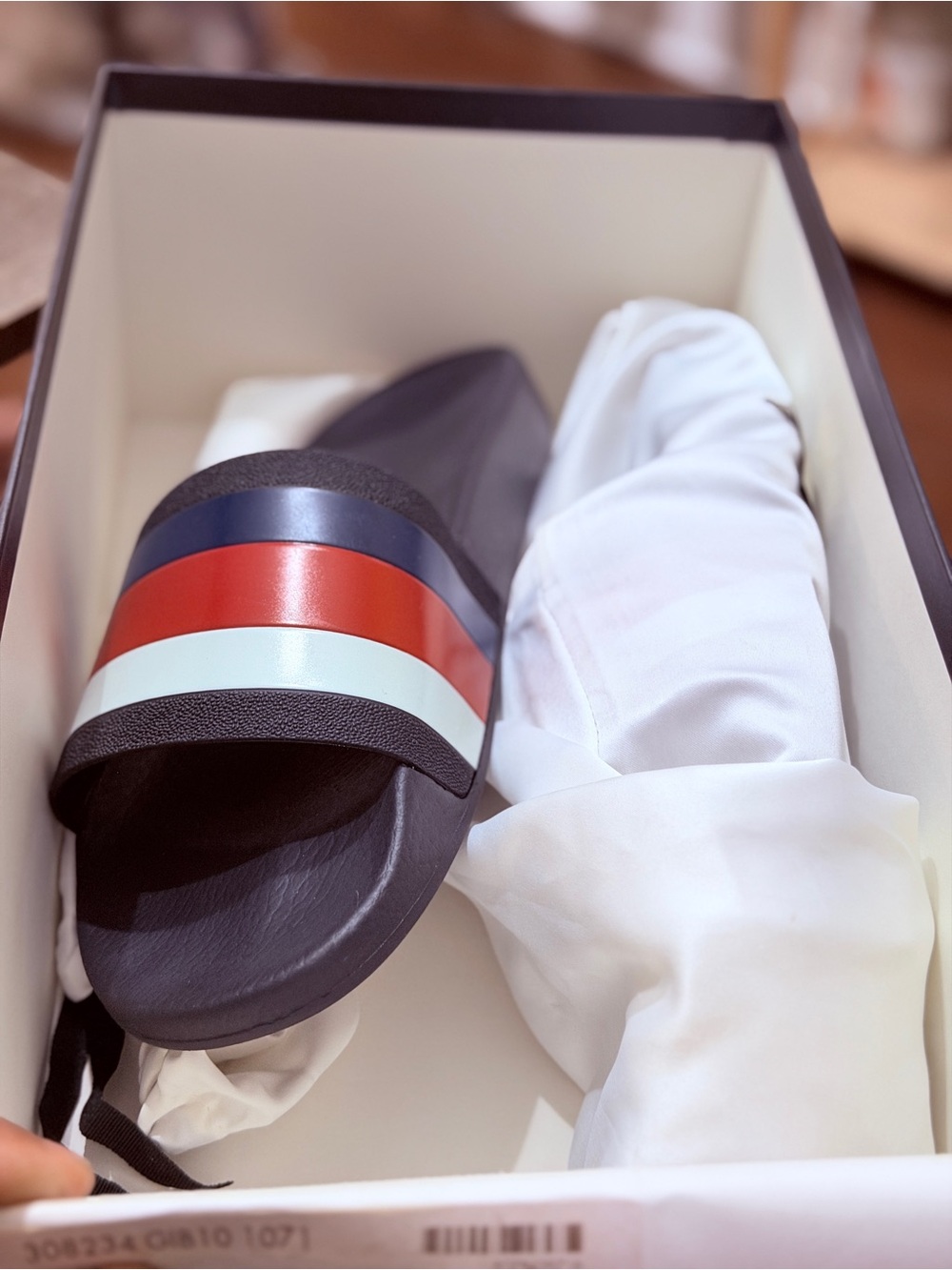 Gucci Navy Slides with Red and White Stripes